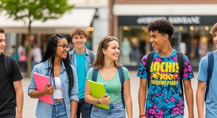 Group of smiling students walking outdoors with notebooks and backpacks