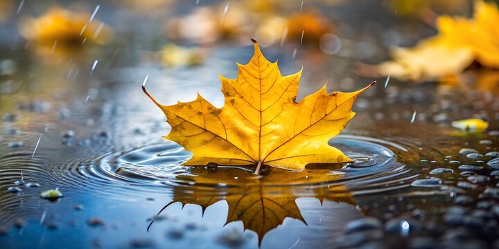 A yellow maple leaf floats in a rain puddle