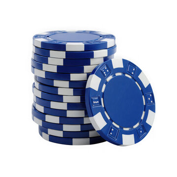Stack of blue and white casino poker chips with one chip in front isolated on transparent background