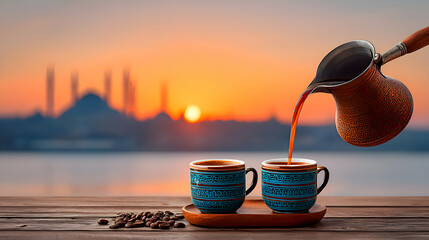 Obraz premium Turkish coffee pot (cezve) pouring coffee into small cups, blurred Istanbul skyline at sunset background