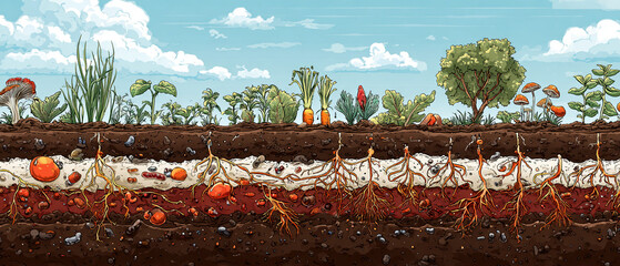 Vegetation Diversity in Soil Layers, Illustrated Educational Artwork, Natural Environment, Side View