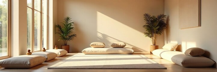 Serene Meditation Room Soft Light, Calming Decor, Peaceful Ambiance Ideal for Yoga, Relaxation, and Spiritual Reflection