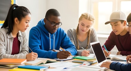 Diverse group of students studying together at a table