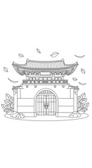 Traditional korean gate with ornate roof and falling leaves isolated on transparent background