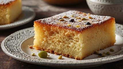 Deliciously moist traditional cake slice topped with powdered sugar and nuts, served on an elegant plate.
