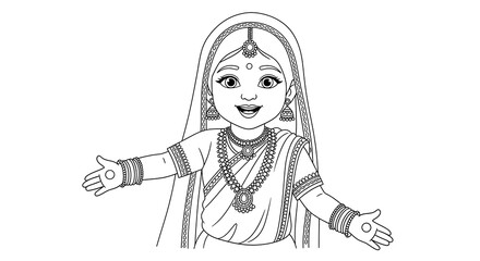 Cute cartoon indian girl in traditional clothing with jewelry isolated on transparent background