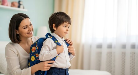 Mother helping son with backpack before school
