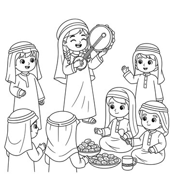 arab children playing tambourine together clip art preview