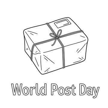 World post day greeting with a hand drawn parcel and string isolated on transparent background