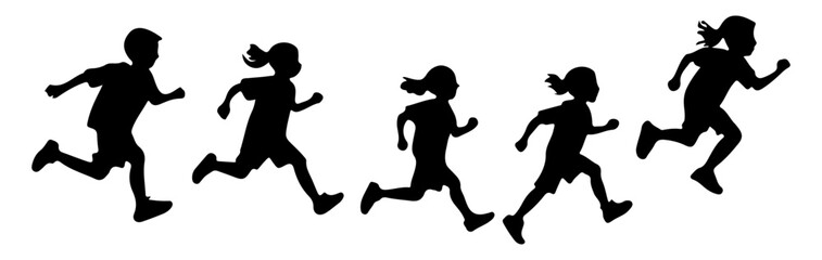 Running Children Silhouette Set – Kids in Motion Vector Illustration