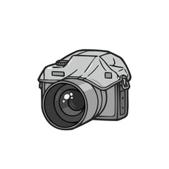 Digital camera illustration in black and white style with lens detail  