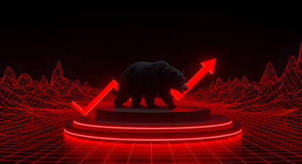 Futuristic Black Bear on Podium with Upward Red Arrow and Digital Data Grid Background