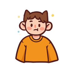 Young boy with cat ears wearing an orange shirt and looking thoughtful  