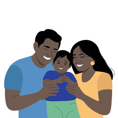 Happy African American family, flat style, minimalism, isolated on white