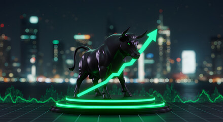 Futuristic Black Bull on Podium with Upward Green Arrow and Neon Data Grid Background