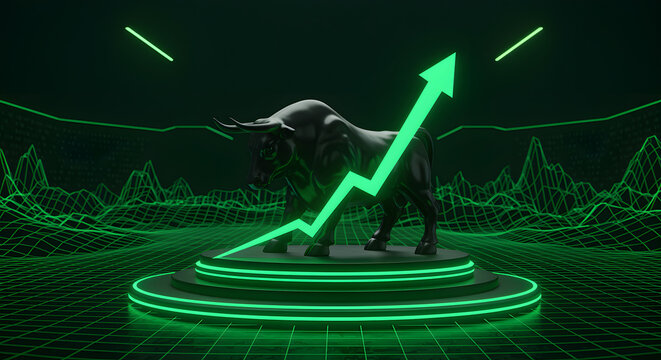 Futuristic Black Bull on Podium with Upward Green Arrow and Neon Data Grid Background - Powered by Adobe