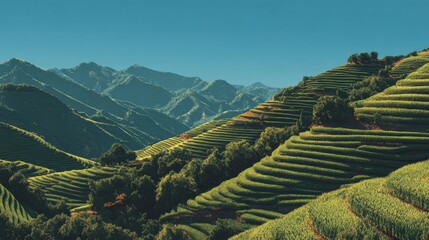 Green terraced rice fields flowing downside mountains in the rural areas of vietnam on a sunny day, showcasing agricultural landscape and farming practices