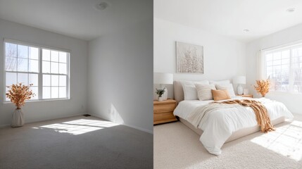Minimalist room transformation: before and after, showcasing clean lines and natural light
