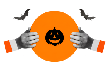 Black and white hands holding laughing halloween pumpkin and bats silhouettes on orange background. Modern collage style. Illustration on transparent background