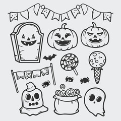 Halloween Icon Set with Skull Pumpkin and Bat Illustration