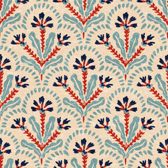 Vintage folk seamless pattern. Embroidery style floral branches. Repeat textile background. Vector illustration.