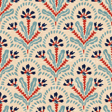 Vintage folk seamless pattern. Embroidery style floral branches. Repeat textile background. Vector illustration.