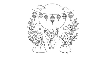 Three cute children in korean hanbok holding lanterns and branches isolated on transparent background