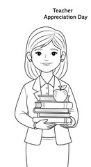 Happy teacher holding a stack of books and an apple isolated on transparent background