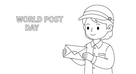Happy cartoon postman holding an envelope with a heart for world post day isolated on transparent background
