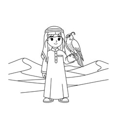 Cartoon boy in traditional arabic clothing holding a falcon isolated on transparent background