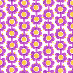 Seamless bright floral pattern with pink and purple petals. Childlike charm and hand-drawn texture. Acrylic marker artwork with symmetry. Vibrant summer vibe.