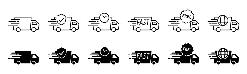 Delivery Truck Icon Set in line and solid style isolated on white background. Fast shipping delivery truck. Editable stroke. Vector illustration.