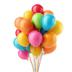 A vibrant cluster of colorful party balloons with streamers isolated on transparent background