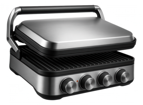 Stainless steel contact grill with adjustable temperature controls for precise cooking in a residential setting.
