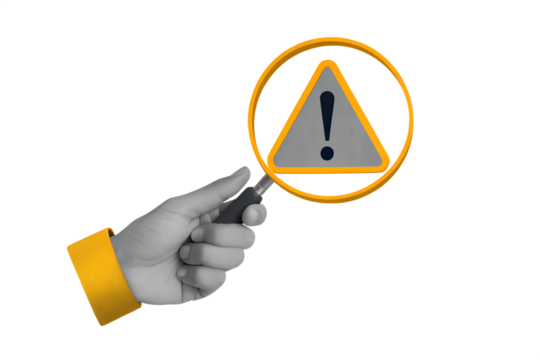 A person look through magnifying glass on a yellow warning sign with Exclamation mark. Modern collage style. Illustration on transparent background