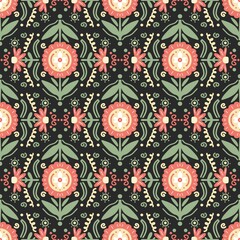Dark seamless floral pattern with retro red flowers and green leaves. Folk vintage ornament on black background for fabric, bohemian design, ethnic wallpaper, textile print