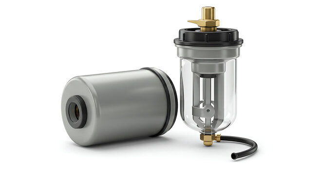 A set of new fuel filters, featuring a primary fuel water separator with a clear bowl and a secondary spin-on canister filter, isolated on a white background.