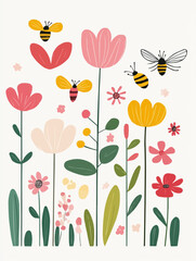 Bright flat garden scene with butterflies, bees, dragonflies and colorful flowers for nursery prints, packaging, DIY crafts and greeting cards