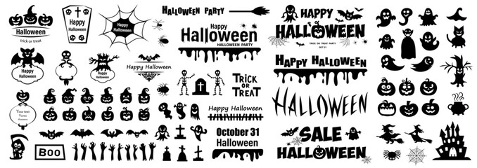 Big set of silhouettes of Halloween on a white background. Vector illustration
