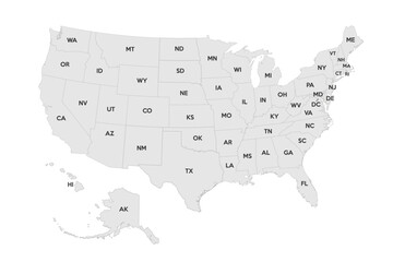 Map of the United States. Detailed map with names states of the USA with state borders. Vector illustration.
