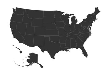 Map of the United States. Detailed black map of the USA with state borders. Vector illustration.