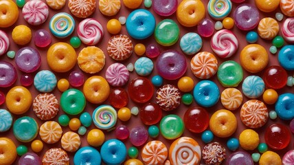 Fototapeta premium A colorful assortment of candies including gummy rings, lollipops, and coated chocolates, creating a vibrant and playful candy landscape.