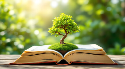 Growing Knowledge A Young Tree Sprouting from an Open Book in Nature