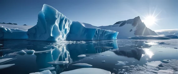 Gardinen Bright blue glaciers reflecting sunlight in icy Antarctic landscape with clear bright sky © RobinsonIcious