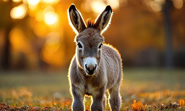 Young donkey in golden sunlight
