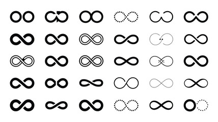 “Infinity Symbols Collection – Black Vector Logos for Mathematical, Branding & Logo Design, Featuring Classic and Artistic Infinity Styles in Clean Outline and Bold Fill Variations” 