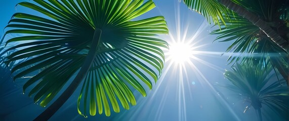 Obraz premium Bright green tropical palm fronds twisting against clear deep blue sky with sun flare