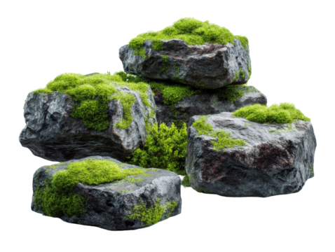 Moss-covered rocks natural landscape nature view isolated on transparent background