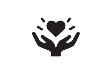 Obraz premium Hands Holding a Heart Symbol Representing Love and Care.A simple, black and white graphic design of hands holding a heart, radiating outward with small lines, suggesting love, care, and protection.