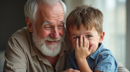 Grandfather talking to his grandson who reacts shyly